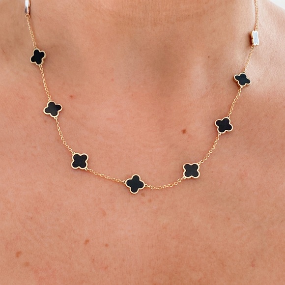 14K Yellow Gold Onyx Clover Station Necklace - Picture 7 of 9